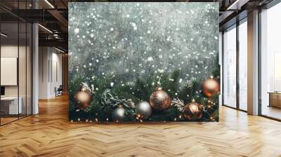 Festive winter decoration with snowy background and Christmas ornaments on evergreen branches in a cozy indoor setting Wall mural