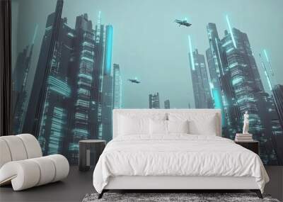 Futuristic city skyline with drones flying over illuminated skyscrapers at dusk Wall mural