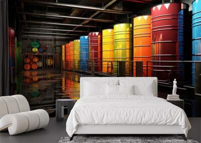 Industrial oil barrels or chemical barrels stacked. Chemical tank. Container made of barrels with hydrocarbons. Wall mural