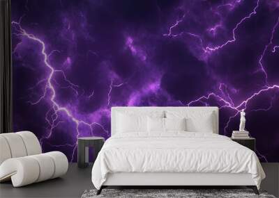 Intense purple lightning bolts illuminate a dark, stormy sky during a nighttime thunderstorm Wall mural