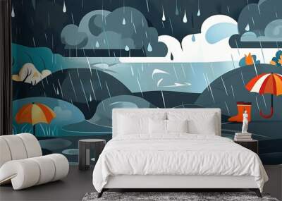 Rainy landscape with clouds, umbrellas, and puddles in a serene natural setting during a stormy day Wall mural