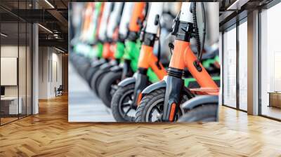 Row of Electric Scooters Parked on City Sidewalk Wall mural