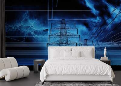 scientific, futuristic, energy concept. Digital rendering of light beams, stripes lines with blue light, speed and motion blur on a dark blue background Wall mural