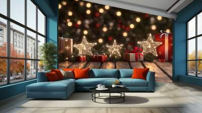 Sparkling Christmas presents and decorations arranged on a wooden surface, illuminated by festive lights during the holiday season Wall mural