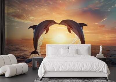 Symphony of the seas: majestic dolphins soaring against the sunset Wall mural