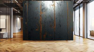 Weathered black wooden wall with rust streaks highlighting its aged texture and appearance in natural light Wall mural