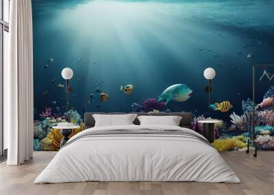 Wonderful and beautiful underwater world with corals and tropical fish. 3d render, Raster illustration. Wall mural