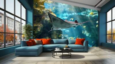 A beautiful stingray swims underwater. Selective focus. Wall mural