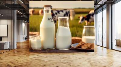 a bottle of milk, a glass of milk and a plate of cheese on a table in front of a field of cows. Generative AI, Wall mural