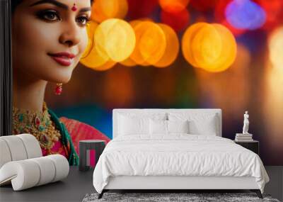 beautiful Indian woman in sari. Selective focus. Wall mural