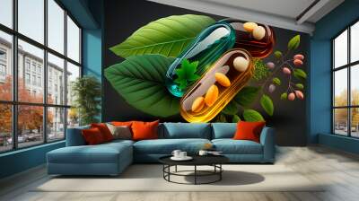 Capsule supplements homeopathy vegetables fruits and leaves, Generative Ai, Wall mural