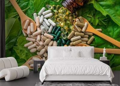 Capsules herb supplements on green leaves background. Selective focus. Wall mural