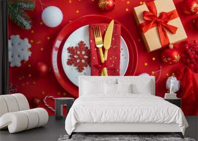 Christmas background table setting and decor. Selective focus. Wall mural