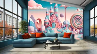 fantastic illustration of a small candy country. Generative Ai, Wall mural