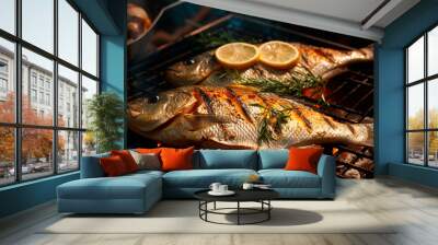 Grilled dorado fish cooking process with lemon, grilled fish barbecue. Generative AI, Wall mural