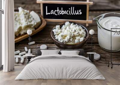 Lactic acid products that contain lactobacilli. Selective focus. Wall mural