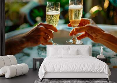 Lovers drink champagne in a jacuzzi. Selective focus. Wall mural