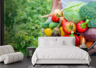 Man farmer with homemade vegetables in his hands. Selective focus. Wall mural