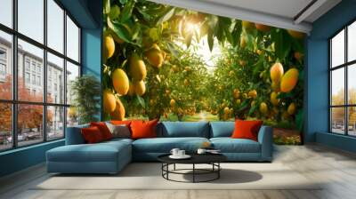 Mango garden on trees. Generative Ai, Wall mural