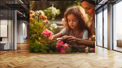 Mother and daughter plant flowers in the garden. Generative AI, Wall mural