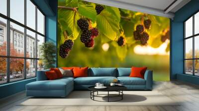 Mulberry grows on a tree in the harvest garden. Generative Ai, Wall mural