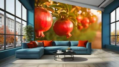 Pomegranate grows on a tree in the harvest garden. Generative Ai, Wall mural