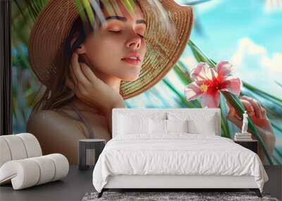 Portrait of a beautiful young woman in a hat on the beach. Selective focus. Wall mural