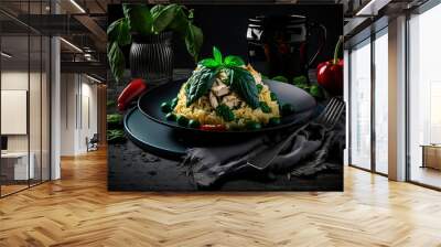 Rice with chicken risotto on a plate on a black background. Generative AI, Wall mural