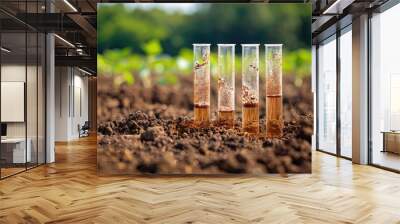 Test tubes with soil samples in nature. Selective focus. Wall mural