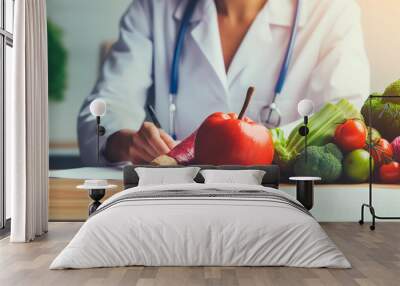 Woman doctor on the table with vegetables and fruits. Selective focus. Wall mural