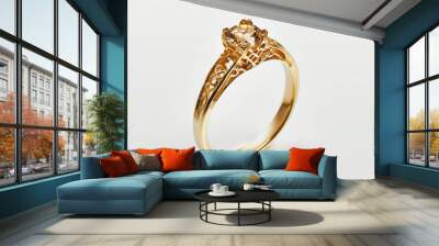 gold wedding ring with gemstone, on white background Wall mural