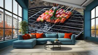 barbeque time with sausage satay and paprika vegetables grilled on a hot plate Wall mural