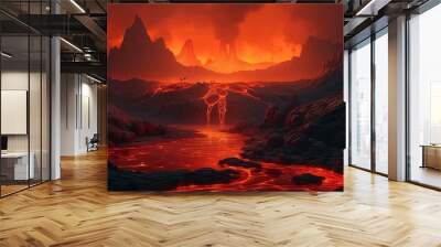 Lava Volcano Fantasy Backdrop, Concept Art, CG Artwork, Realistic Illustration with Generative AI
 Wall mural