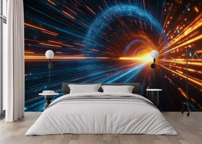 High speed light with blue and orange stripes, this abstract, futuristic technological concept features motion blur and fast forward timeline background Wall mural