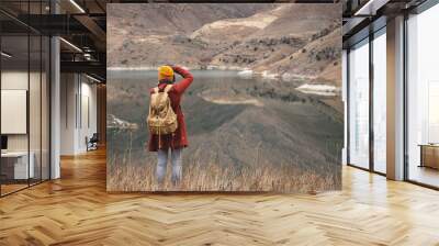 A portrait from the back of a girl traveler take a picture on the background of a lake in the mountains in autumn or early spring. Travel concept Wall mural