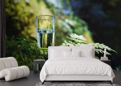 Clear water in a clear glass against a background of green moss with a mountain river in the background. Healthy food and environmentally friendly natural water Wall mural