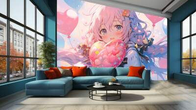 Little anime girl a heart  balloon on party. Created with Generative AI technology. Wall mural