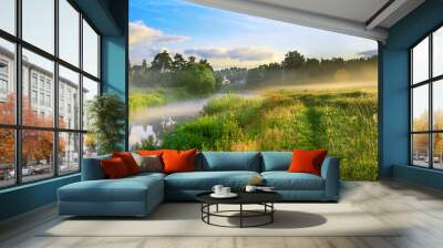 panorama of a summer landscape with sunrise, fog and the river Wall mural