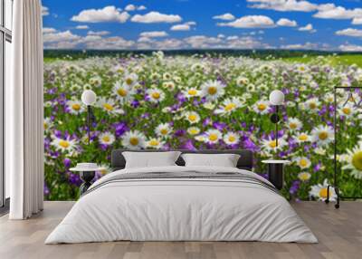 spring landscape panorama with flowering flowers on meadow Wall mural