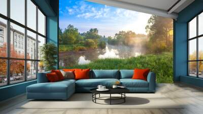 summer landscape with sunrise over the river Wall mural