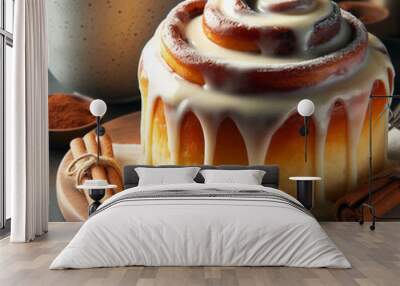 freshly baked cinnabons frosted with soft cream and a cup of coffee, homemade pastries, dessert Wall mural