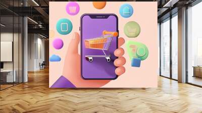 hand holding mobile phone with shopping cart, online shopping, discount, banner Wall mural