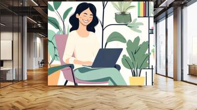 Woman working on laptop, remote work, freelancing, home office, programming, studying, online shopping, internet surfing, freelancer girl working from home Wall mural