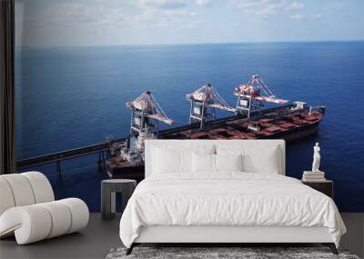 Large bulk carrier ship docking - Unloading coal ship by cranes on the power station dock Wall mural