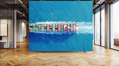 Mega huge fully loaded container ship at sea aerial top down Wall mural