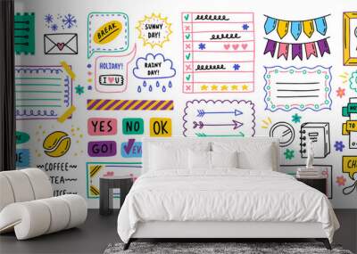 Big set. Diary bullet cute journal border elements. Note icon, sticker for school. Vector illustration Wall mural