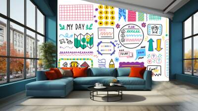 Big set. Diary bullet cute journal border elements. Note icon, sticker for school. Vector illustration Wall mural