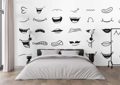 Cartoon mouth happy, smile, sad, angry expression doodle set. Hand drawn mouth, tongue caricature icon. Funny comic mouth collection  Wall mural