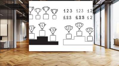 Doodle line trophy winner podium. Winners cups. Drawing icon. 1, 2, 3 place. Win hand drawn style Wall mural