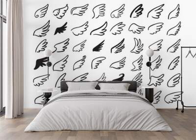 Doodle outline sketch angel wings. Angel feather wing, silhouette. Linear fly winged angels, flying heaven hand drawn doodle vector icons Wall mural